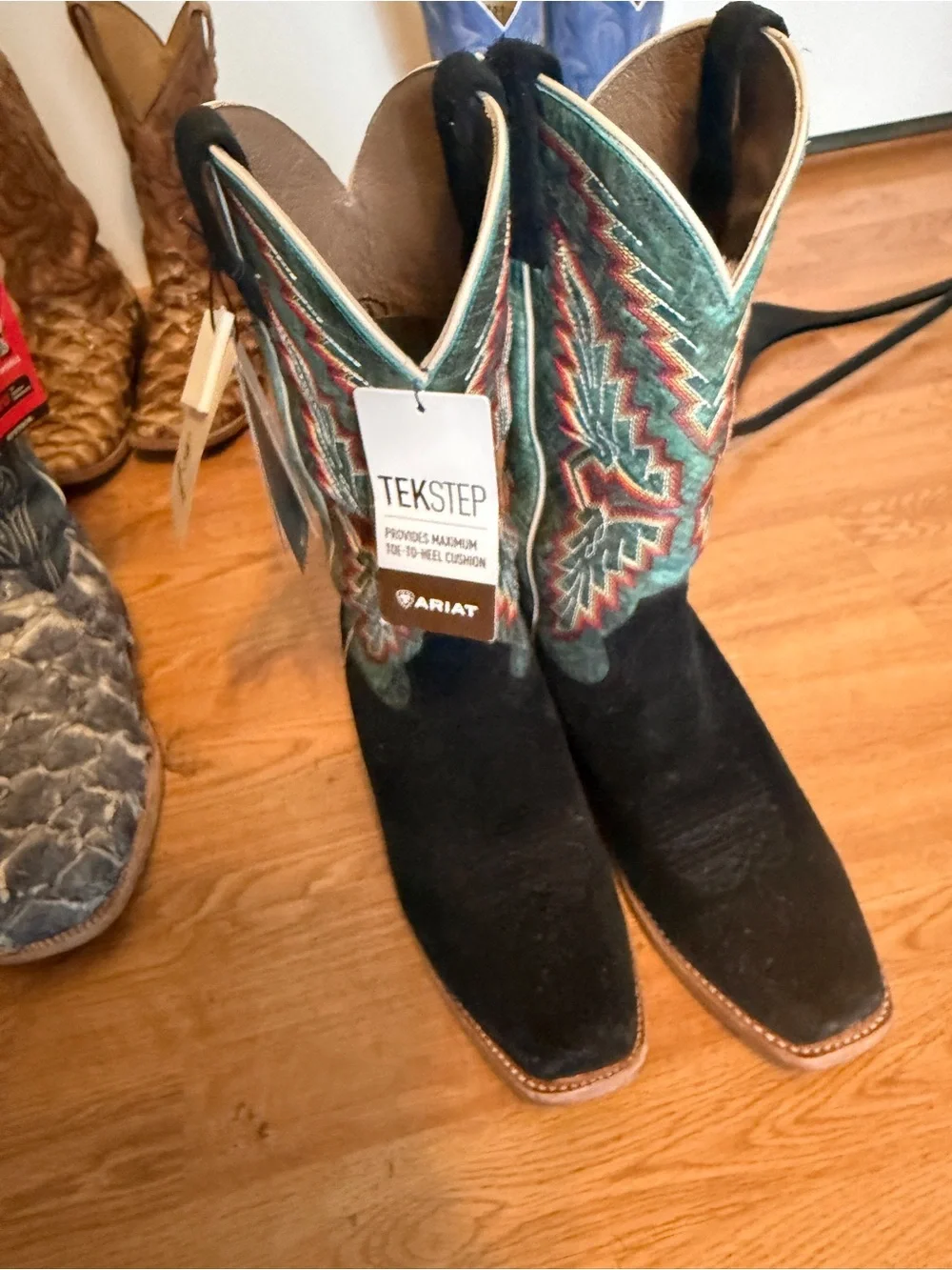 Ariat Black Suede Western Boots with Teal and Red Embroidery